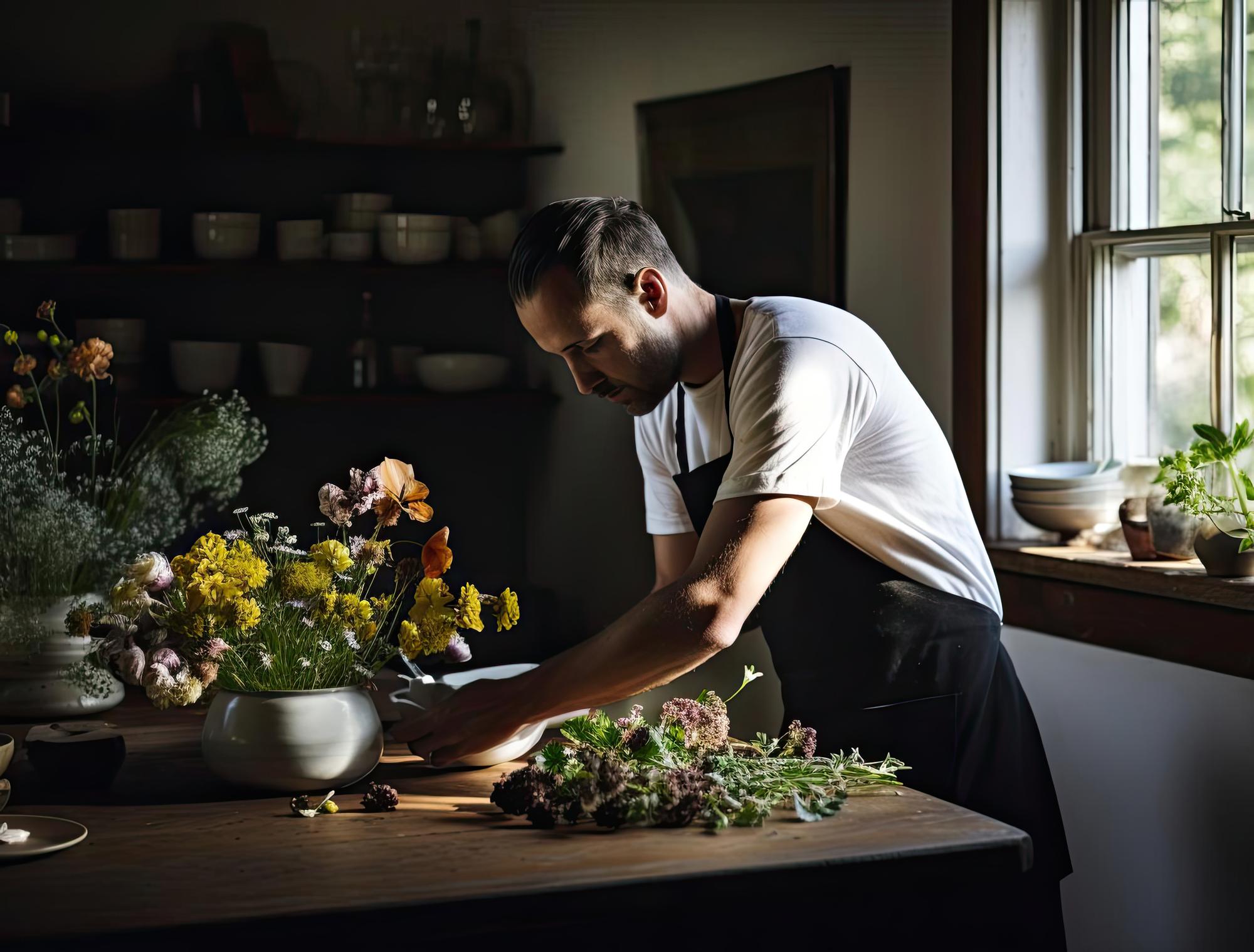 Founder arranging herbs on wooden table
